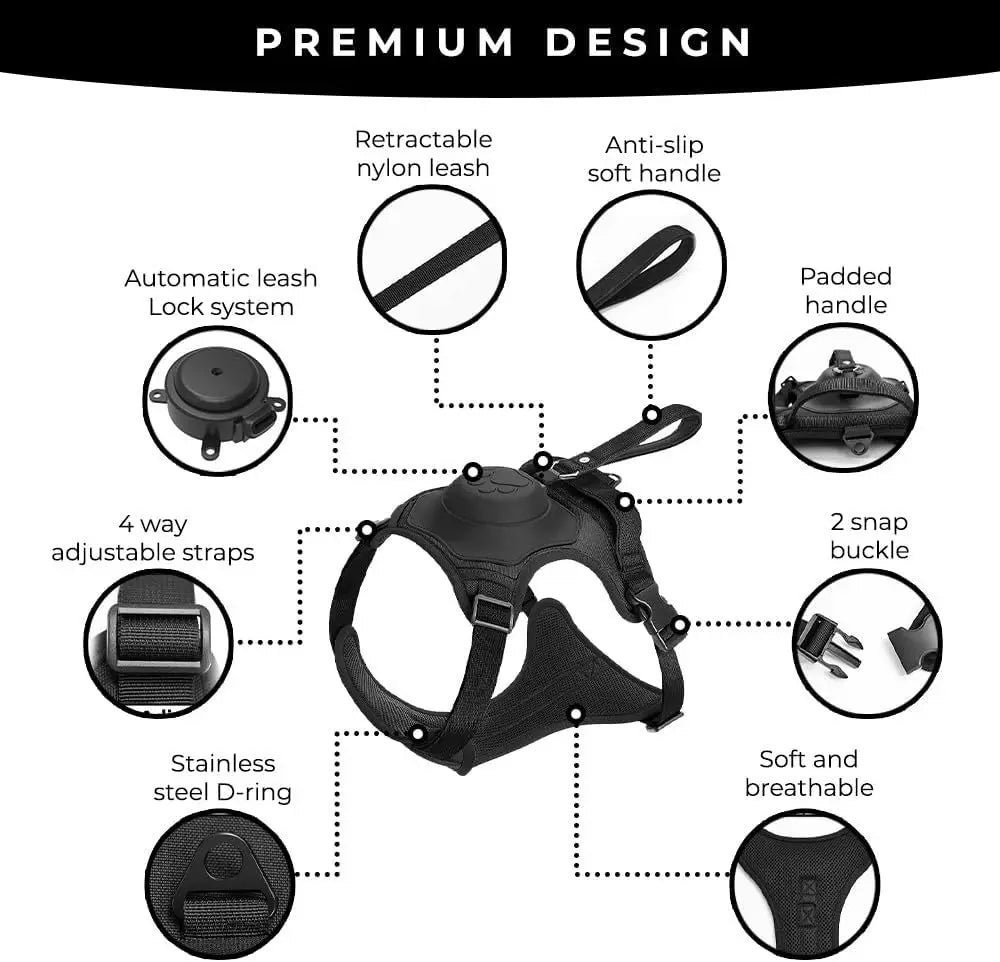 AMOBOX Dog Harness with Leash Retractable,Adjustable for Large Dogs with Integrated Leash and Anti Slip Soft Handle,Comfortable.